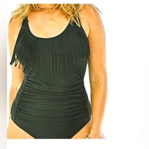 New Fringe Trim Ruched Black One Piece Swimsuits For All Plus Size 16